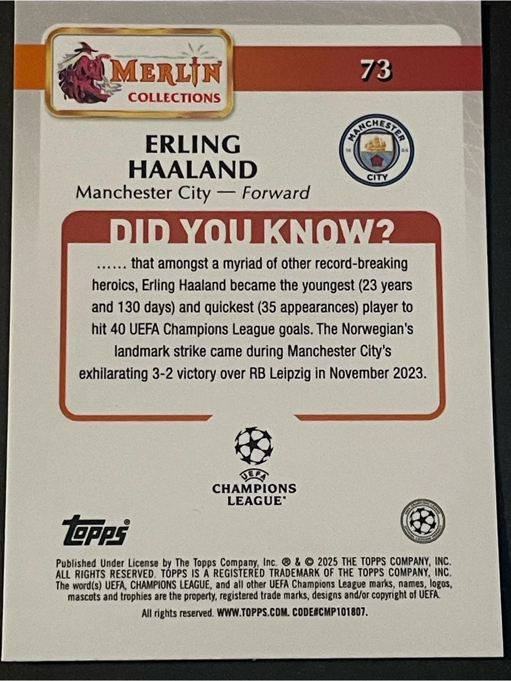 2023-24 Merlin UEFA Club Competitions #73 Erling Haaland Man City Base Card - Picture 5 of 5
